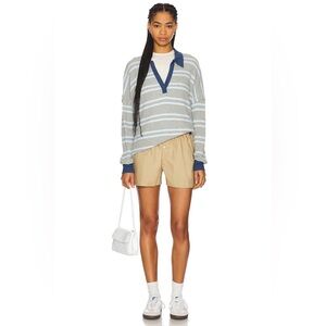 FREE PEOPLE Stripe Travis Polo Tee in Heather Gray Combo S